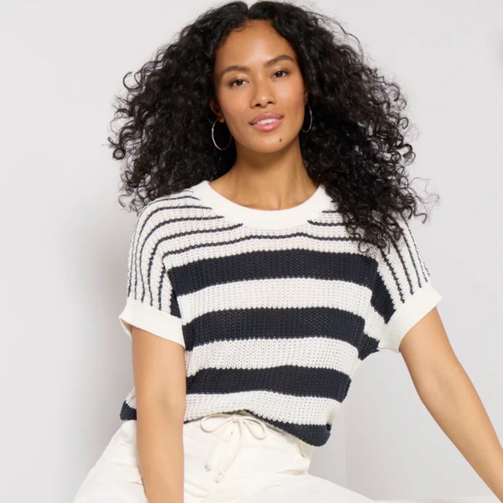 Evereve Navy and White Striped Short Sleeve Top